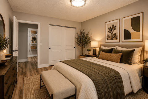 Fusion Las Vegas bedroom with a bed, bench, and two framed artworks on the wall, a bed, and a closet with white doors.