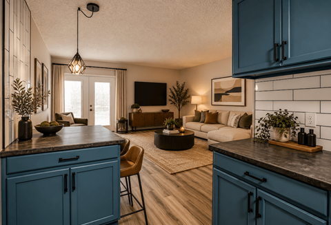 Fusion Las Vegas kitchen with blue cabinets and a wooden floor and a modern living room in the background.