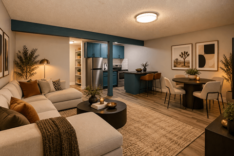 Fusion Las Vegas modern living room with a grey sofa and a coffee table and a kitchen in the background.