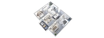 A 3D floor plan of an apartment with multiple rooms.