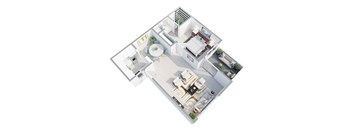 A 3D floor plan of an apartment with a kitchen, living room, dining room, and bedrooms.