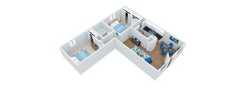 A 3D floor plan of an apartment with two bedrooms, a living room, a kitchen, and a bathroom.
