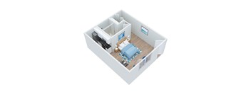 A top down view of a small apartment with a bedroom, living room, and kitchen.
