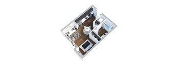 A floor plan of a studio apartment with a kitchen, living/dining area, bedroom, bathroom, and balcony.
