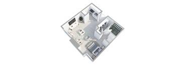 A 3D image of an apartment studio layout with a kitchen, living room, and bathroom.