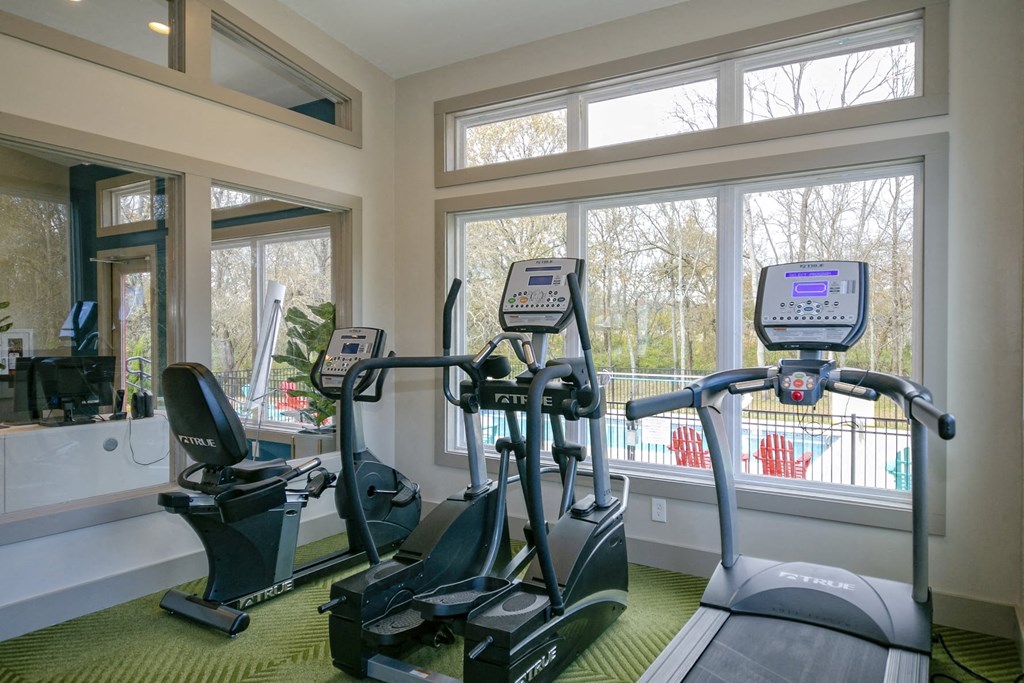 Gym at the Retreat at Indian Lake apartments in hendersonville with three different cardio machines facing out a large window.