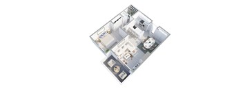 A 3D floor plan of an apartment with a kitchen, living room, and two bedrooms.