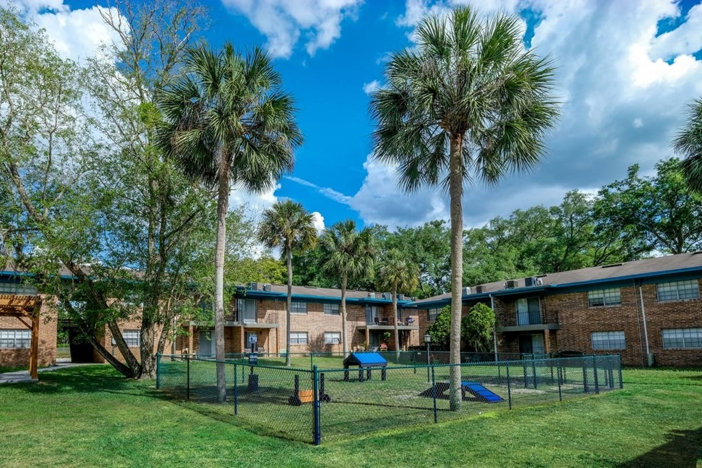 Fenced dog park with agility course and lush grass in the middle of Watermark luxury apartment complex in Lakeland, Fl.