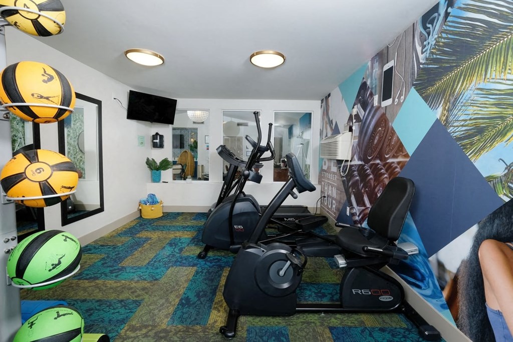 Gym at Watermark luxury Apartments in Lakeland, Fl with three cardio machines, exercise balls, and wall air conditioning unit.