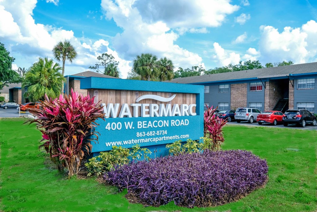 Blue Monument sign that reads Watermarc 400 W. Beacon Road in Lakeland, FL.