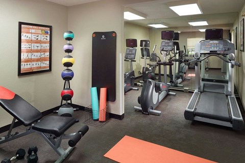 A fitness center with a variety of equipment including treadmills, weights, and exercise machines at Fusion Buckhead Apartments.