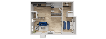 A top-down view of a modern living room with a fireplace and a bed.