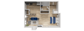 A top-down view of a modern living room with a fireplace, couch, and a dining area.