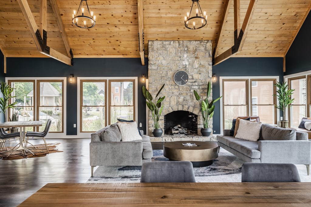 Fairway Lakes Apartments Westerville Ohio Gorgeous Clubhouse with Floor to Ceiling Window and full Kitchen. Plush Seating, stone fireplace, and gathering Area