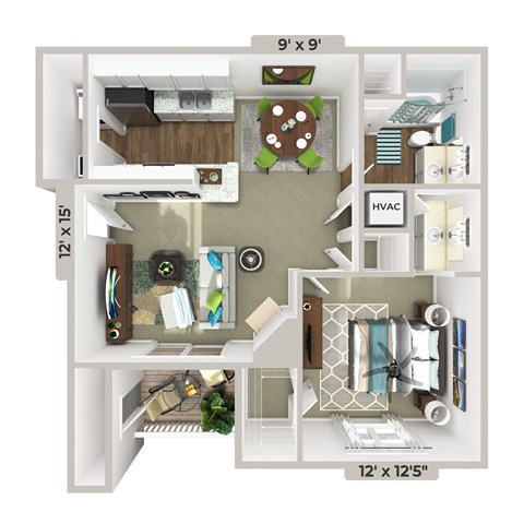 a 3d drawing of a floor plan with a bedroom and living room