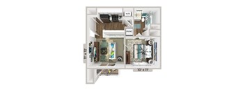 a stylized floor plan of a studio apartment