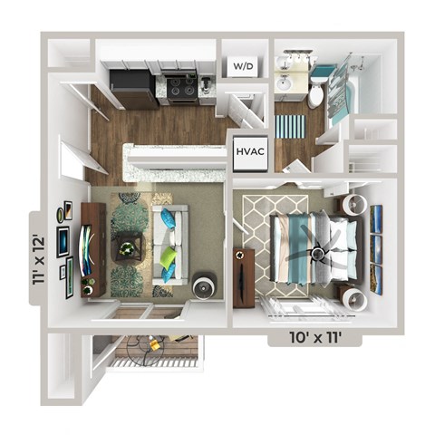 a stylized floor plan of a studio apartment
