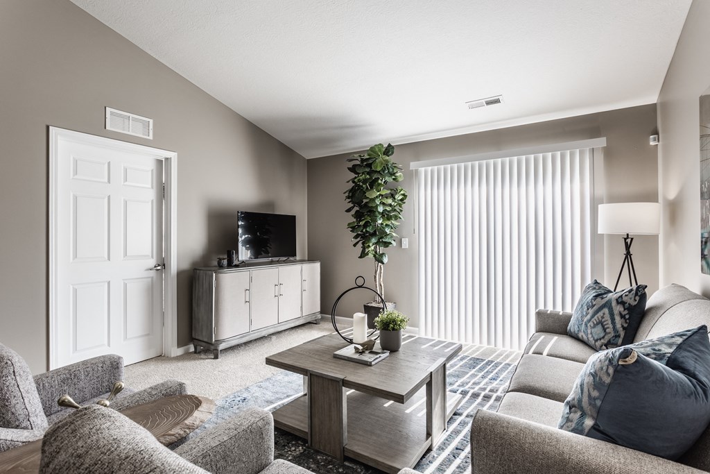 a living room with a couch coffee table and tv