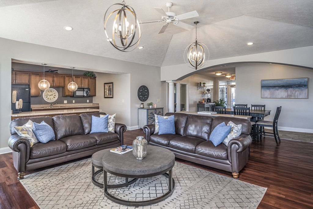 Arbors at Turnberry Pickerington Ohio Pet Friendly Resident Clubhouse with Plush Seating, Kitchen, and Coffee Bar