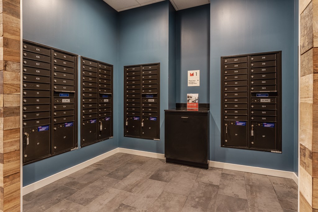 Private package room with black mailboxes on a blue wall, on hardwood-style flooring.