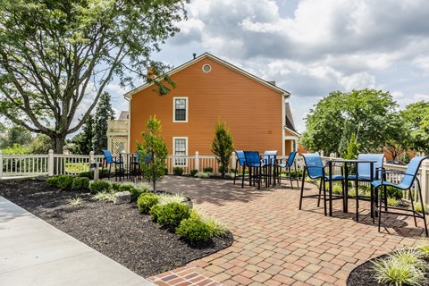 Outdoor patio featuring tables surrounded by chairs and lush greenery.