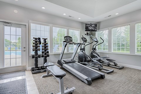 A home gym with a treadmill, weights, and exercise equipment.
