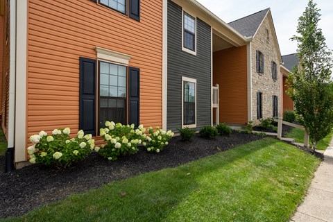 A row of houses with a flower bed in front of them.