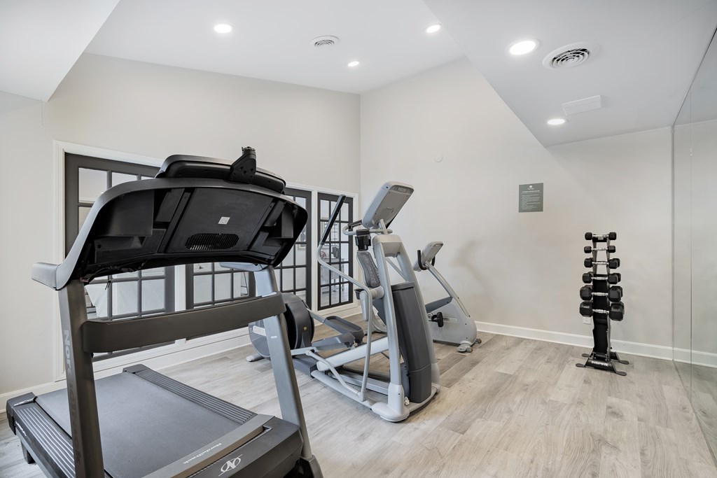 A treadmill, a stationary bike, and a set of dumbbells are in a well-lit room.