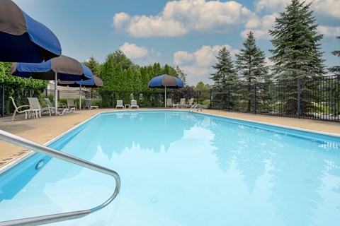 A large swimming pool surrounded by trees and umbrellas.