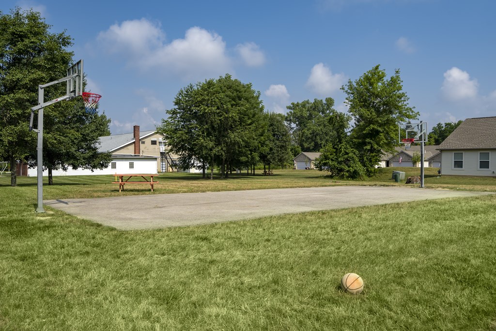 A basketball court with a ball on the ground and a basketball hoop on the left.