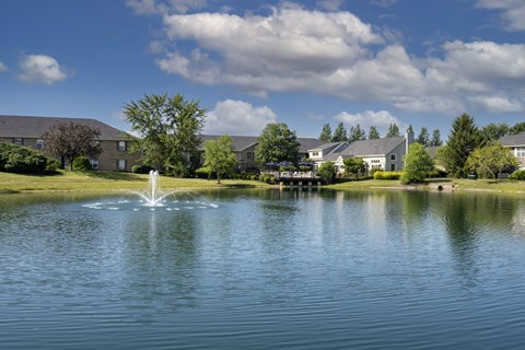 A fountain in the middle of a lake with houses in the background.