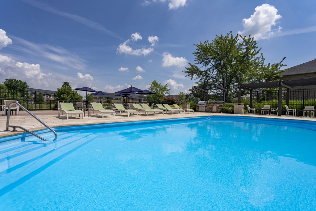 A large blue swimming pool with a metal ladder on the left side.