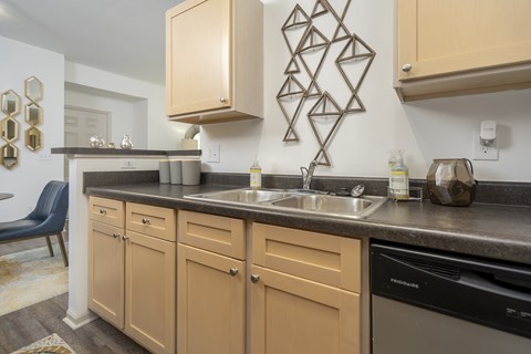 A kitchen with a black dishwasher and a black chair.