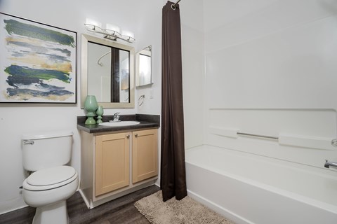 A bathroom with a toilet, sink, and bathtub.