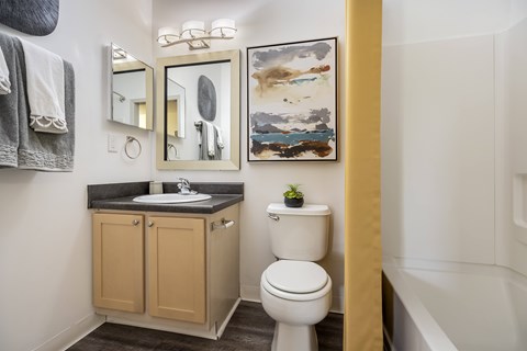 A bathroom with a toilet, sink, and a painting on the wall.