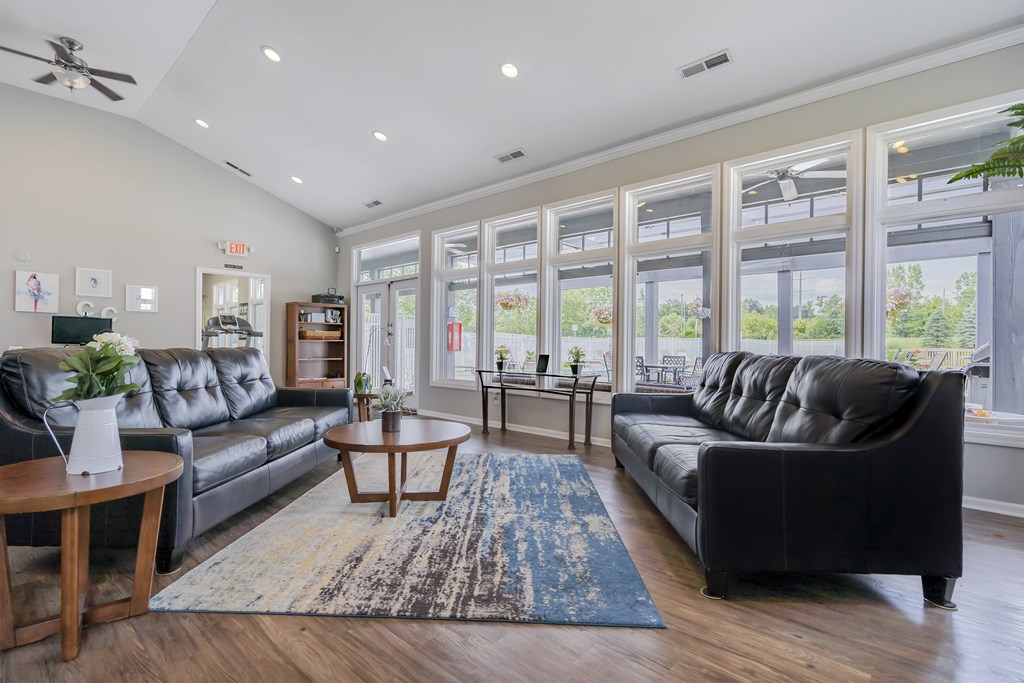 A living room with a black couch and a rug.