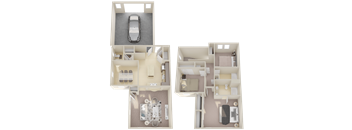 a 3d floor plan of a house with a car in the garage
