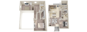 A 3D floor plan of a two-bedroom apartment.