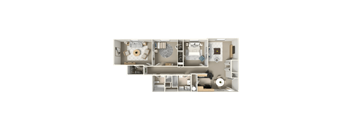A detailed 3D floor plan of a two-bedroom apartment.