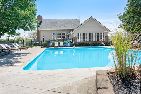 Sparkling swimming pool with a house visible in the background