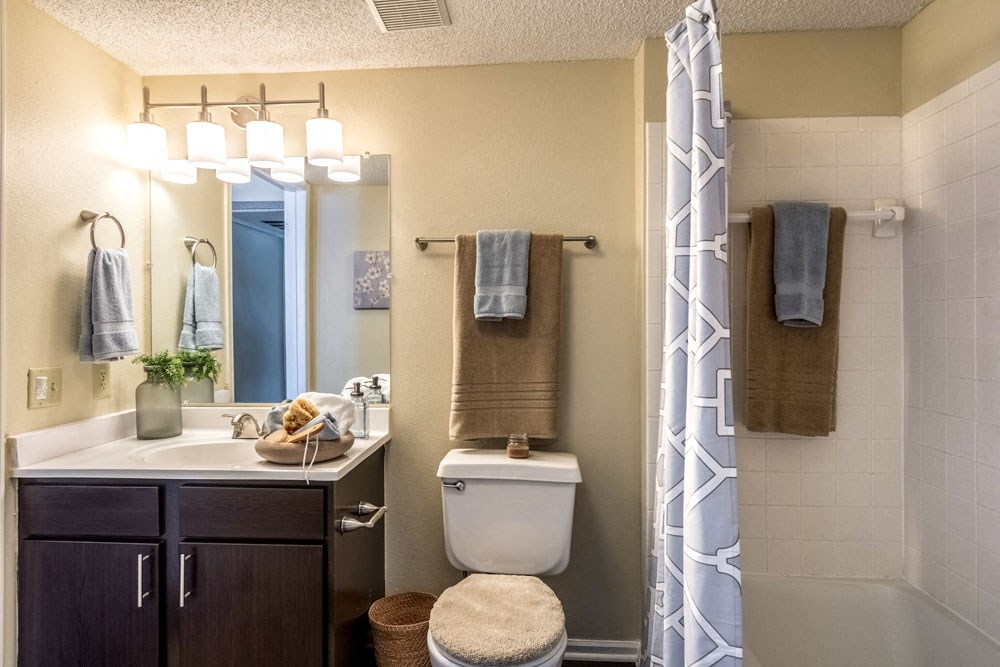 Britton Woods Apartments Dublin Ohio Pet Friendly Updated Renovated Bathroom with Shower and Soaking Tub Counter Space Storage