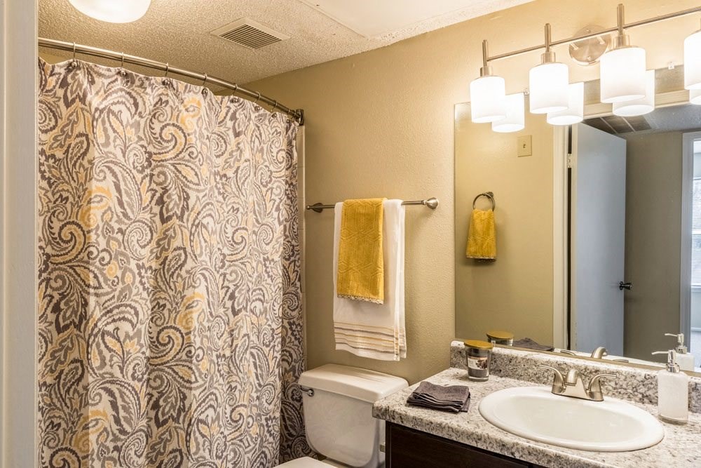 a bathroom with a shower curtain and a toilet and a sink