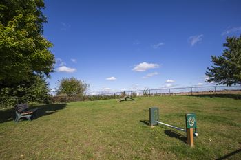 a park bench in a grassy area with a fence in the background