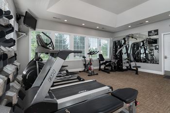 A spacious home gym with a treadmill, exercise equipment, and a television.