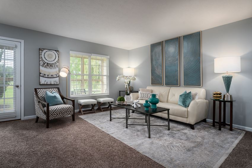 a living room with gray walls and a white couch - Photo Gallery
