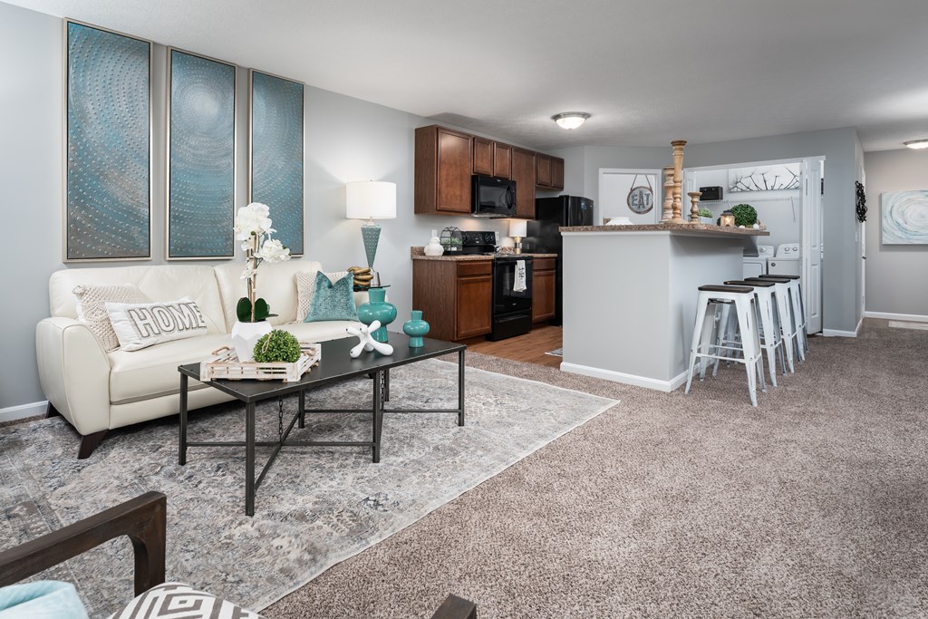 our apartments offer a living room with a couch a coffee table and a kitchen with a bar