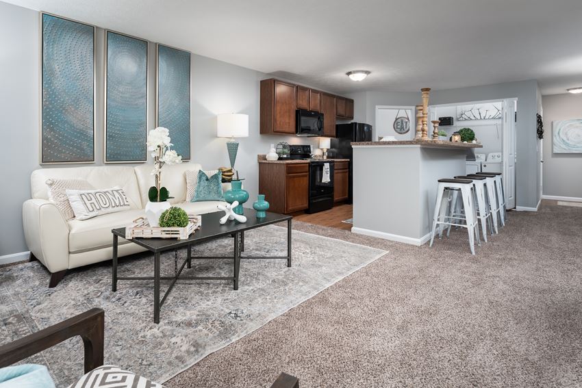 our apartments offer a living room with a couch a coffee table and a kitchen with a bar - Photo Gallery