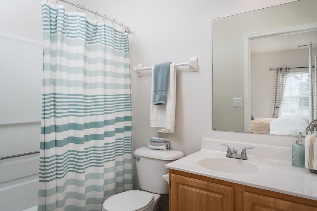 a bathroom with a white sink and toilet next to a shower curtain with a blue and white