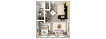 A 3D rendered image of a modern bathroom and living room.