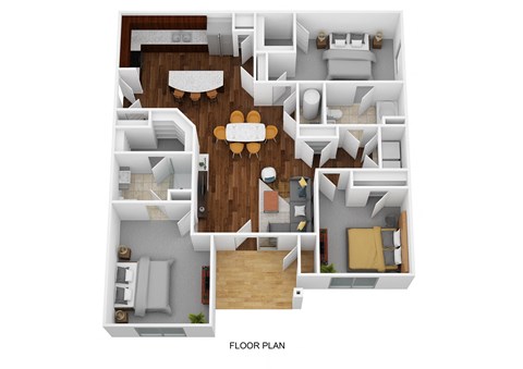A floor plan of a house with a kitchen, living room, dining room, and bedrooms.